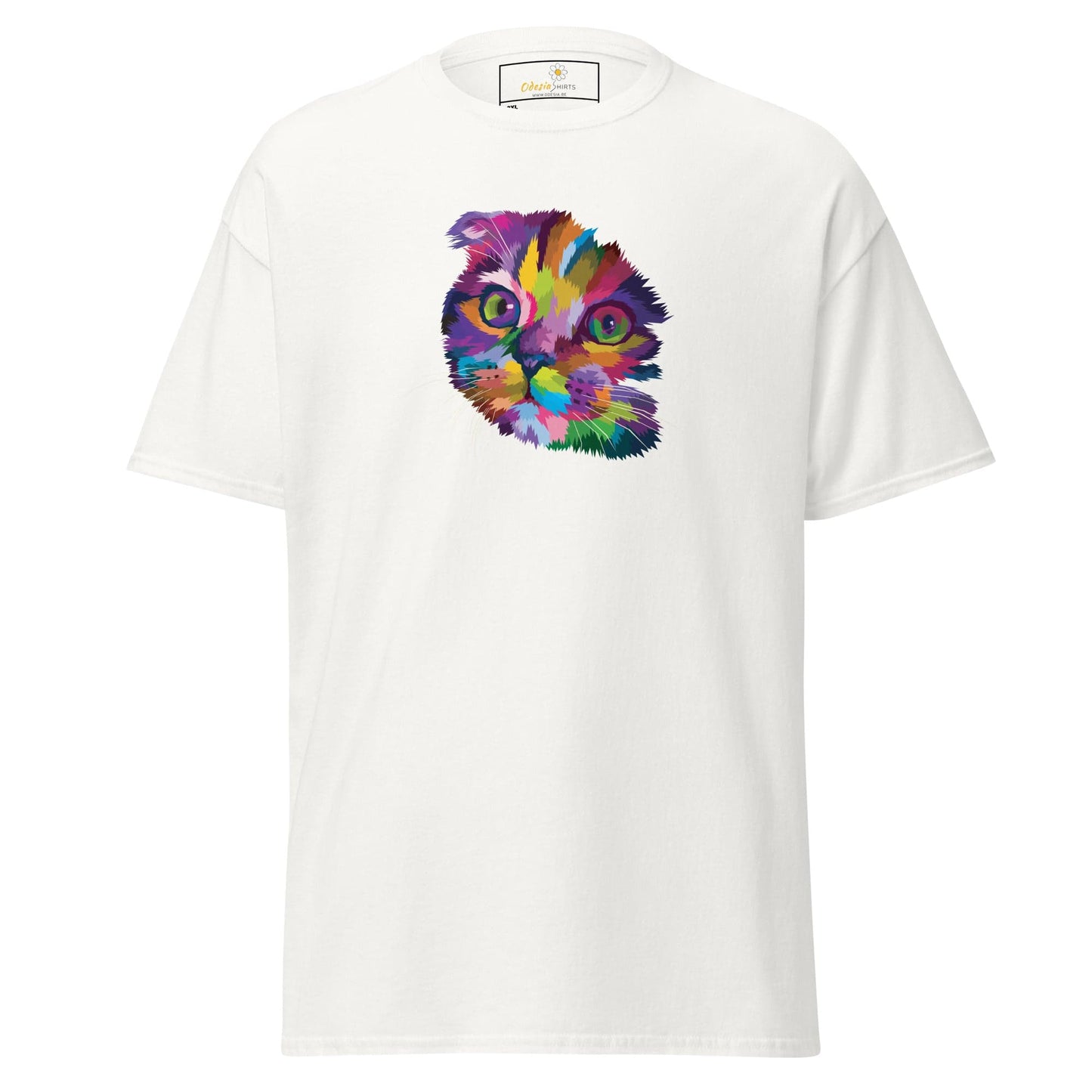 White T-shirt with a colorful animated cat graphic for men and women in plus sizes