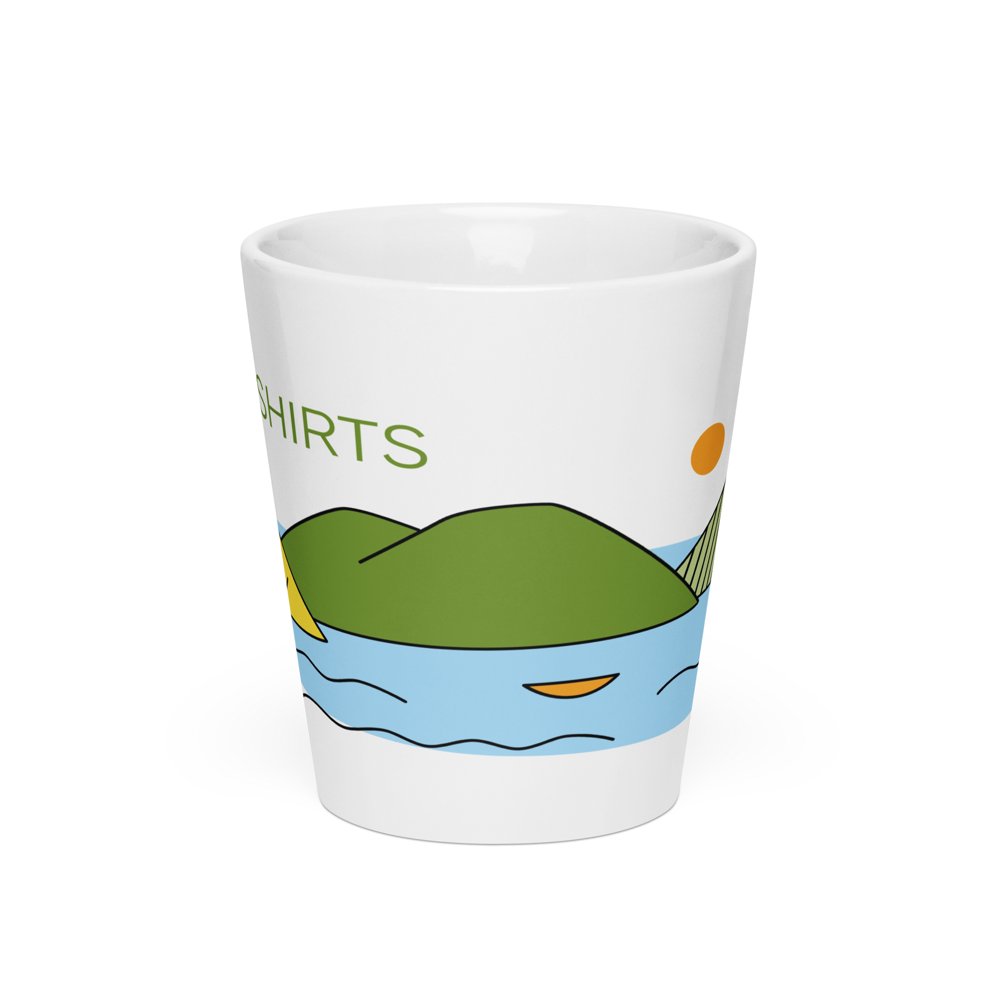 White mug with a cartoon landscape.