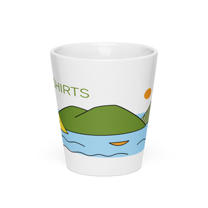 White mug with a cartoon landscape.