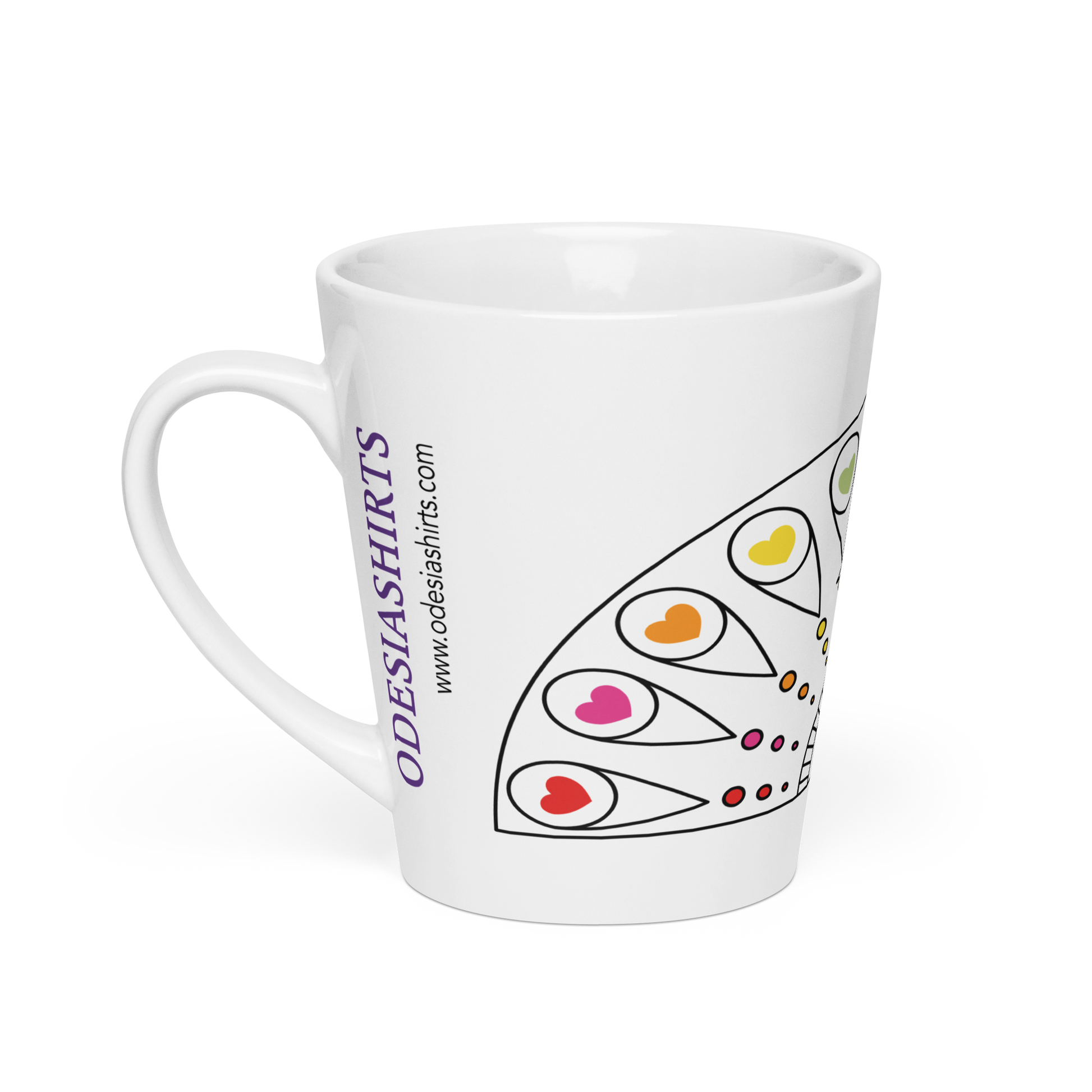 White mug with heart design.