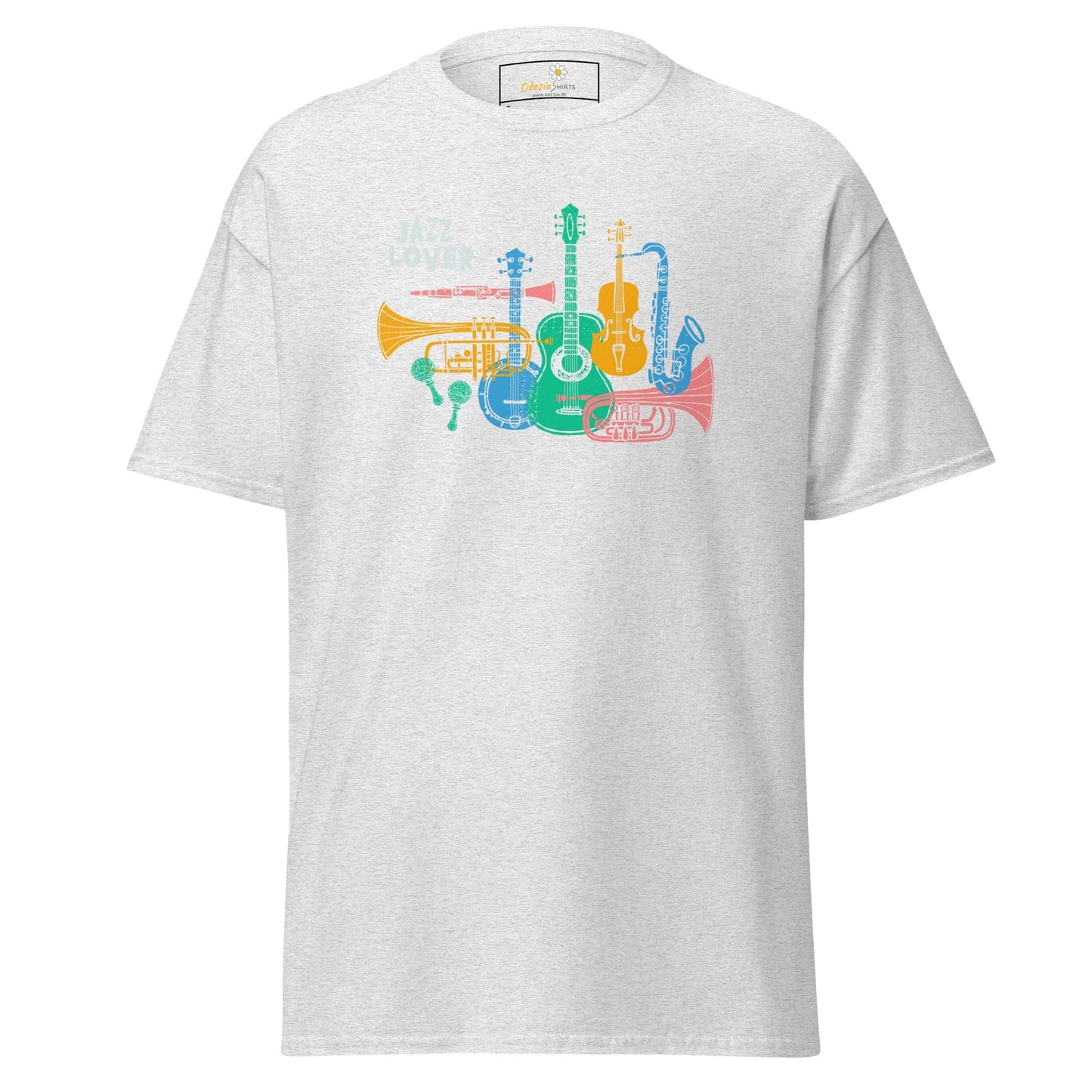 White T-shirt with colorful musical instrument design for men and women in sizes S to XL