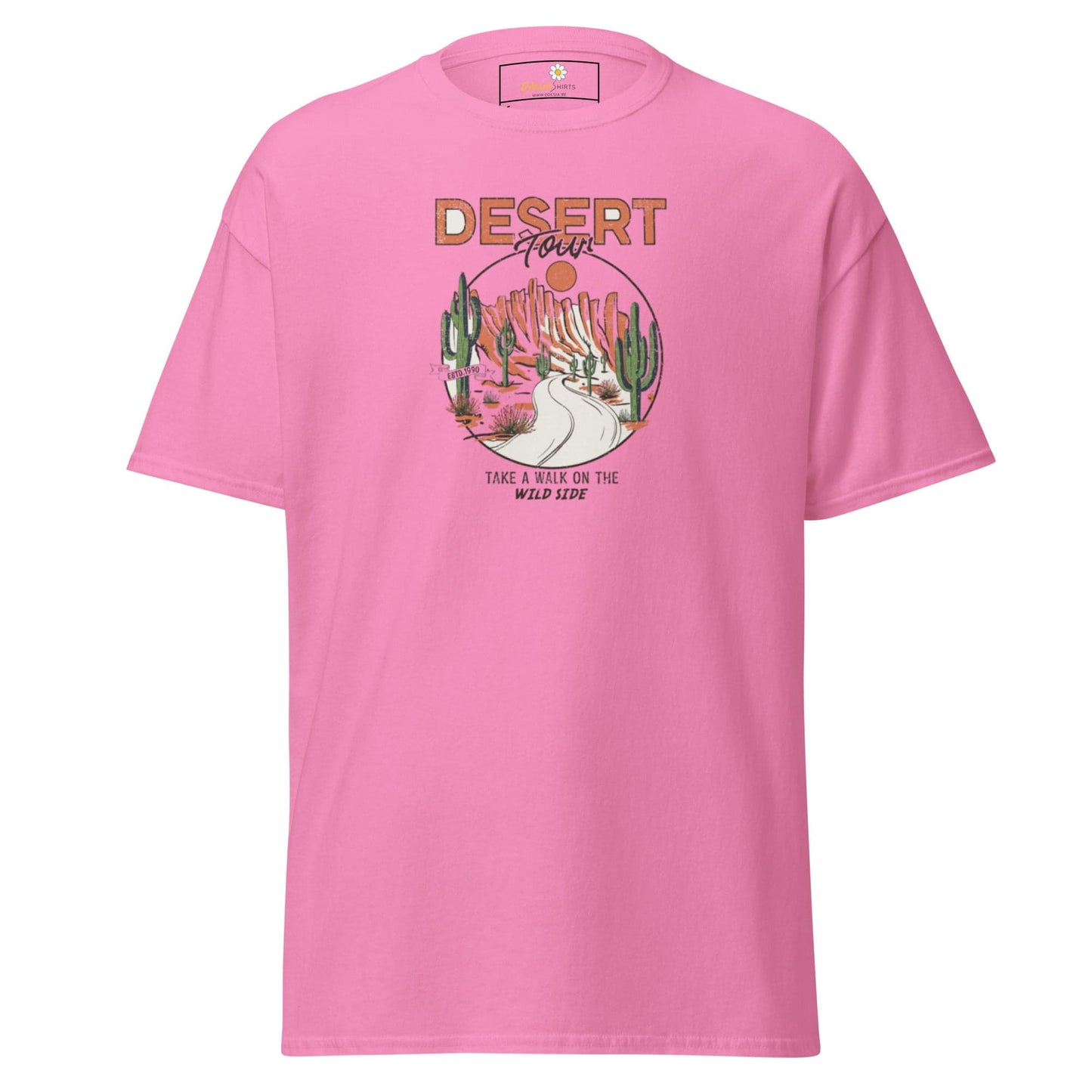 Pink T-shirt with desert graphic from T-SHIRT DESIGN TEE for Men and Women, sizes S-XL