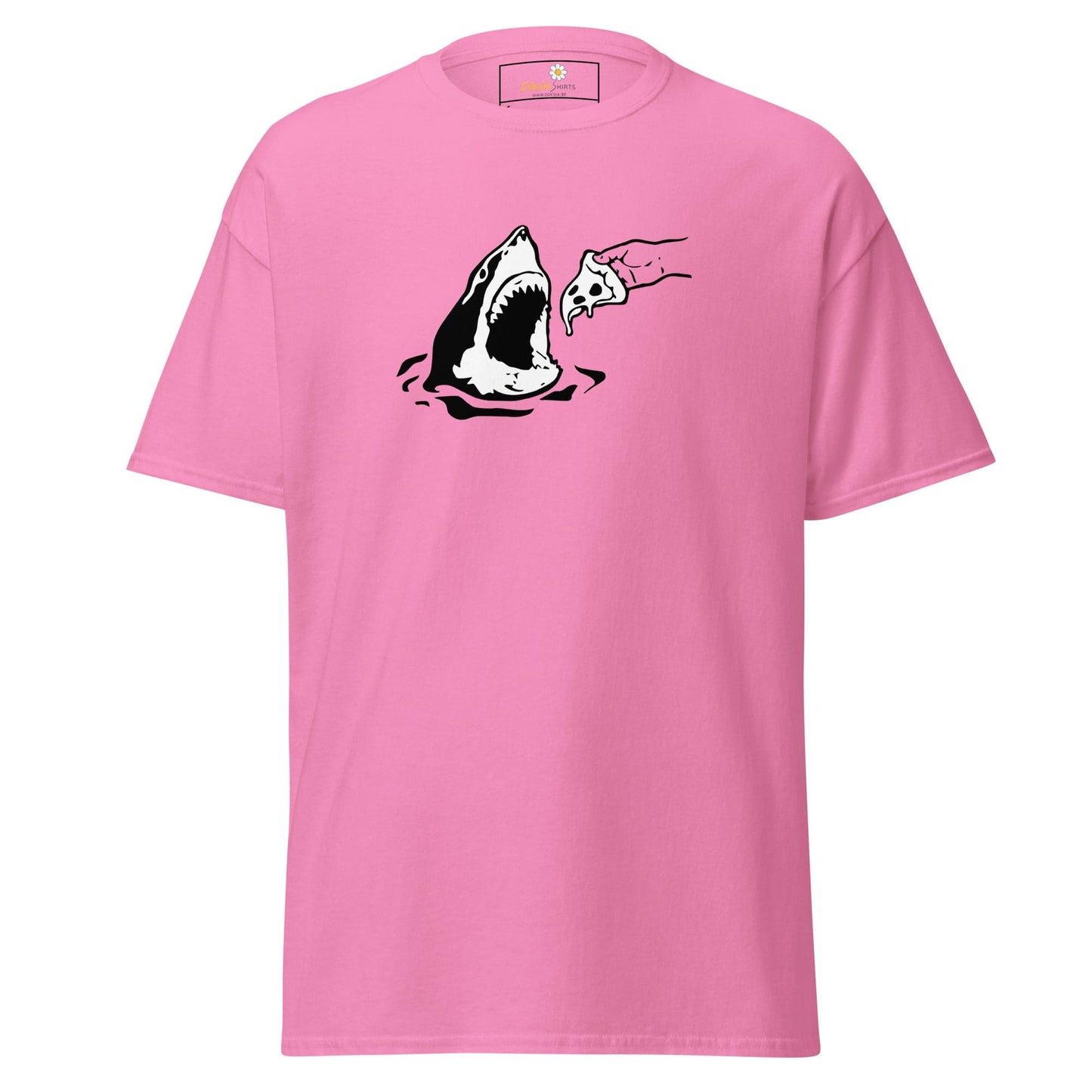 Pink T-shirt with shark and pizza graphic from T-SHIRT DESIGN TEE for Men and Women
