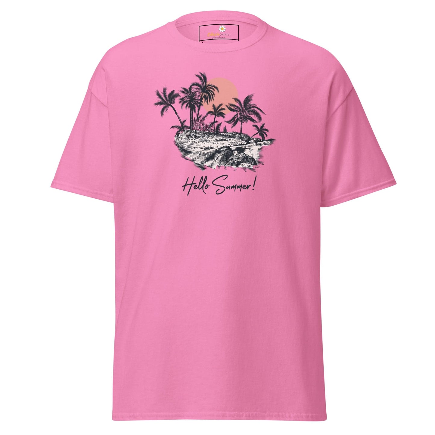 Pink T-shirt featuring tropical island graphic for men and women, available in S to XL sizes