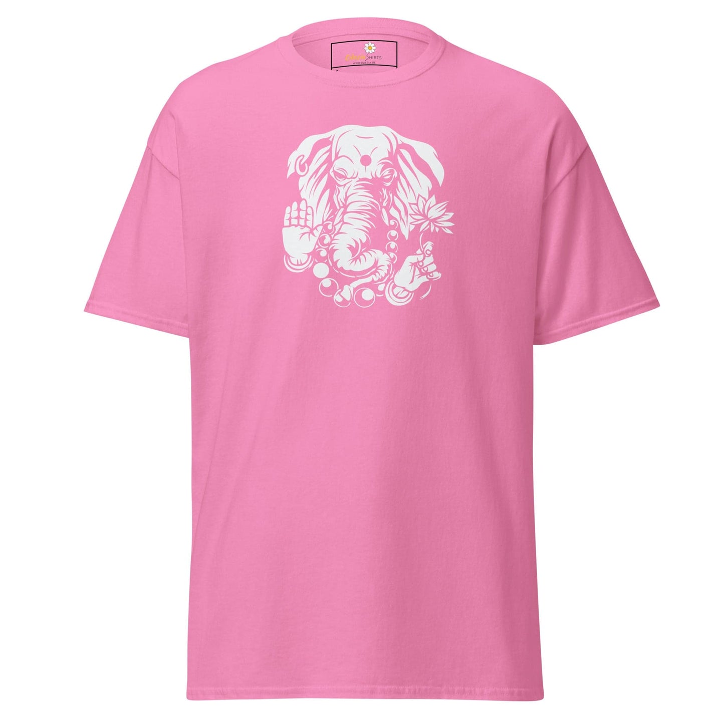 Pink T-shirt with a white elephant graphic for men and women, available in sizes S to XL