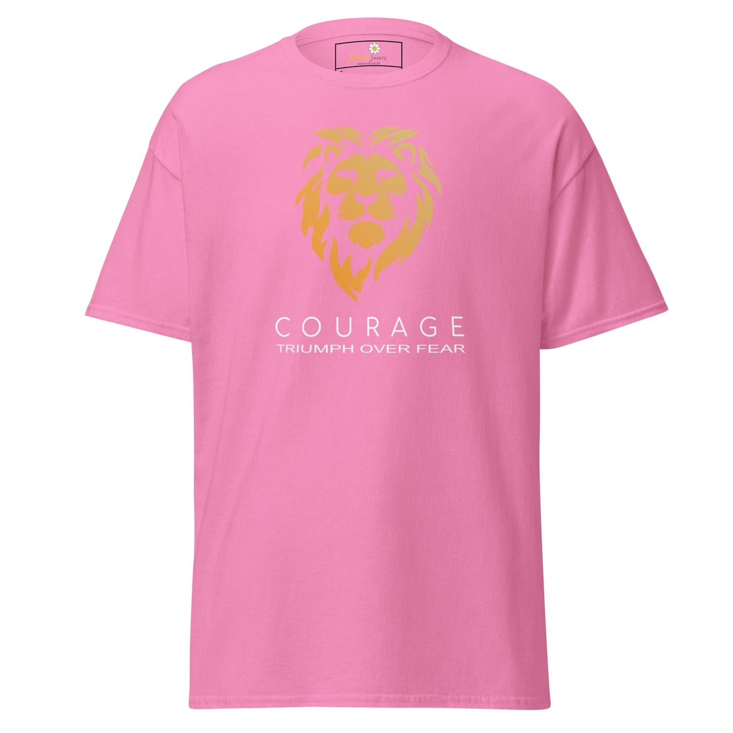 Pink T-shirt featuring a lion graphic, suitable for men and women, available in sizes S to XL