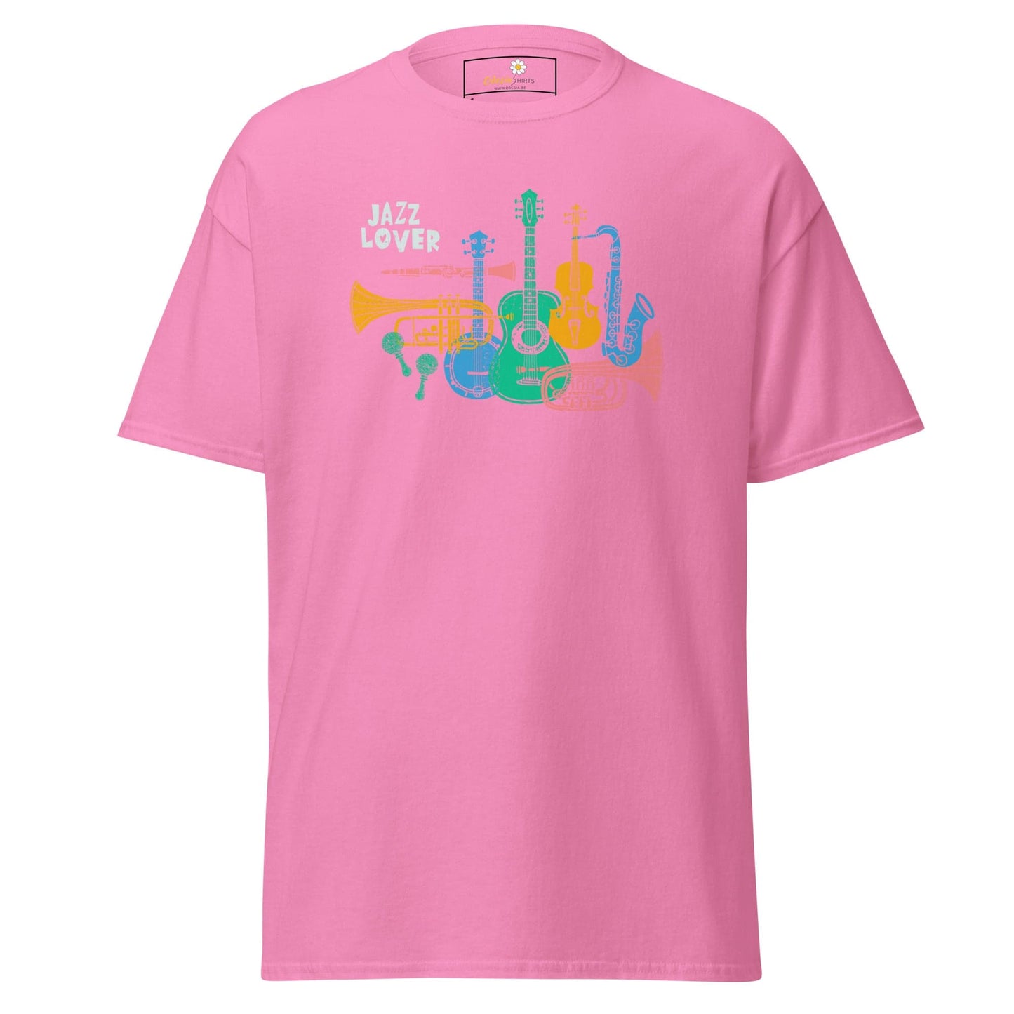 Pink T-shirt with jazz instrument graphic, suitable for men and women sizes S to XL