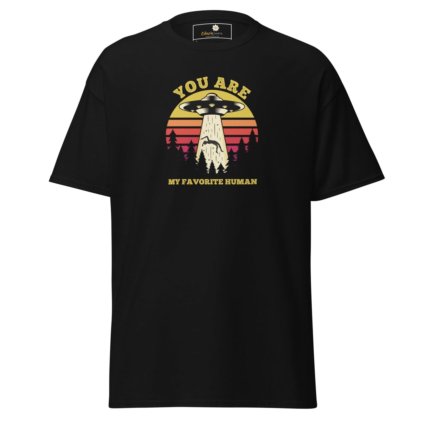 Black T-shirt with alien abduction graphic, available in men’s and women’s sizes S to XL