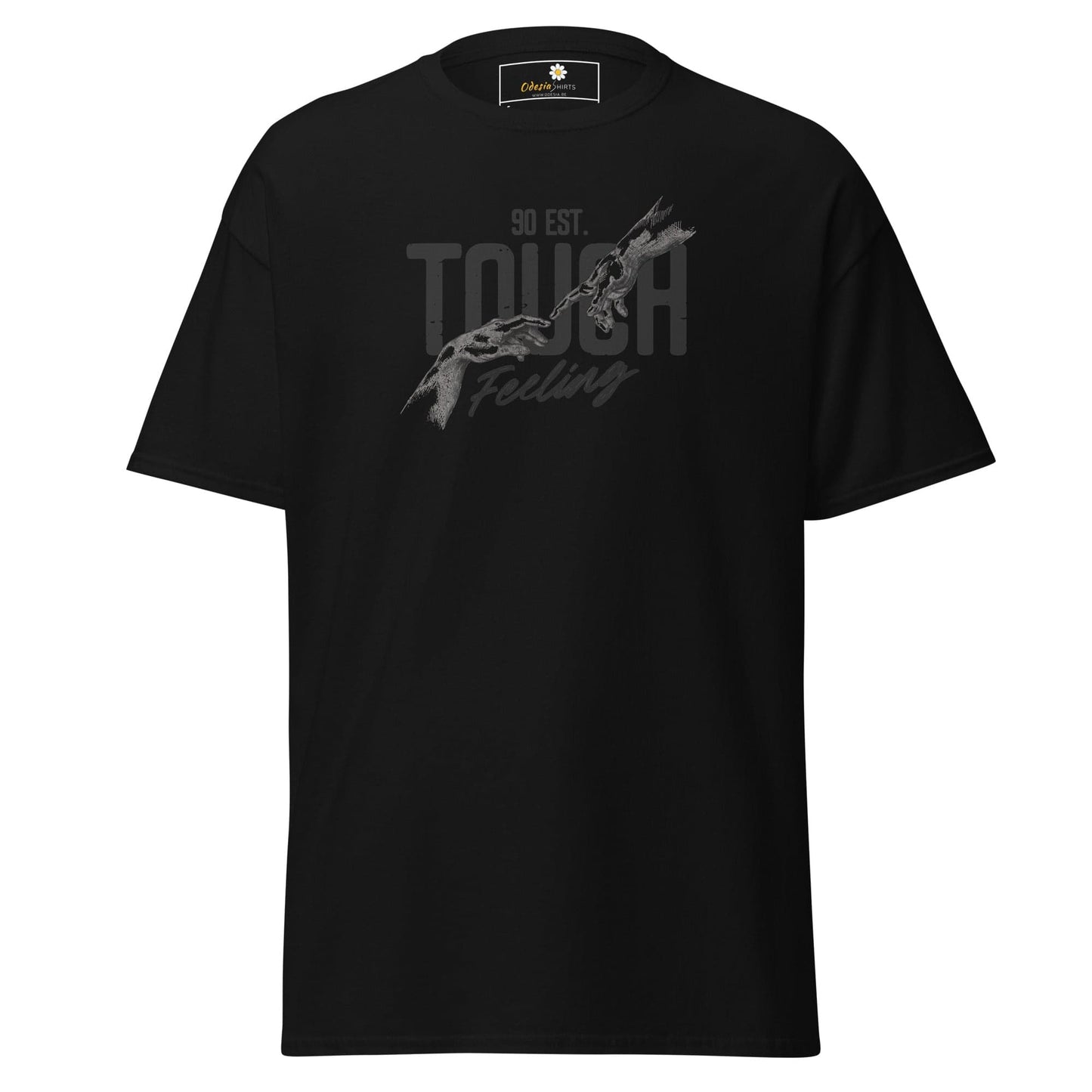 Black graphic t-shirt for men and women in sizes S to XL displayed for sale