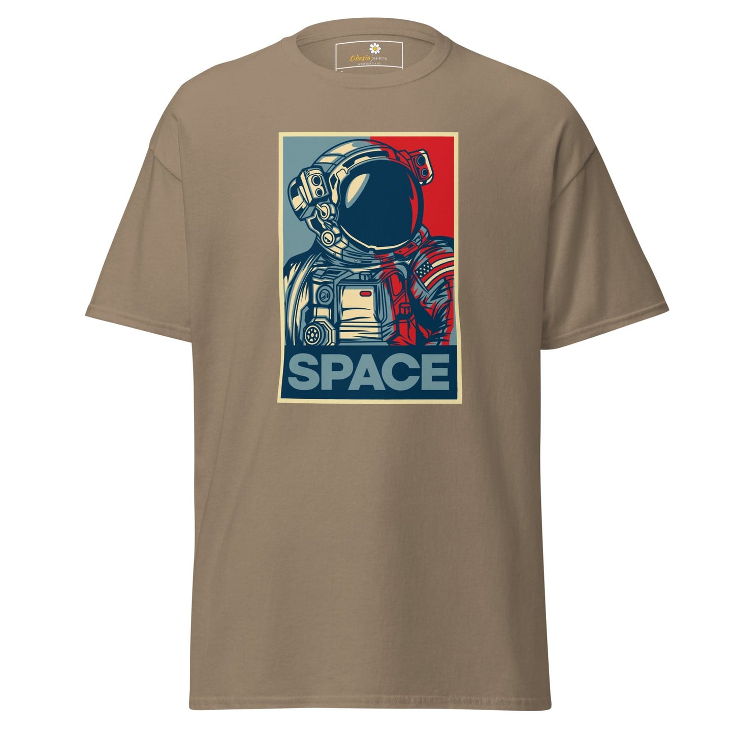 Khaki T-shirt with astronaut graphic for men and women in sizes S to XL