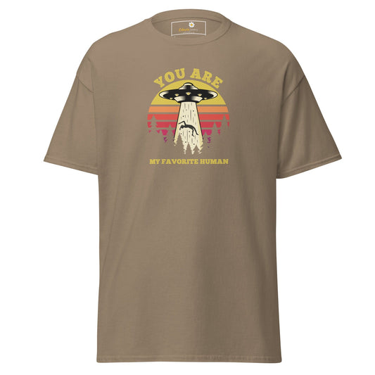 Khaki T-shirt with alien abduction graphic, available in S to XL for men and women