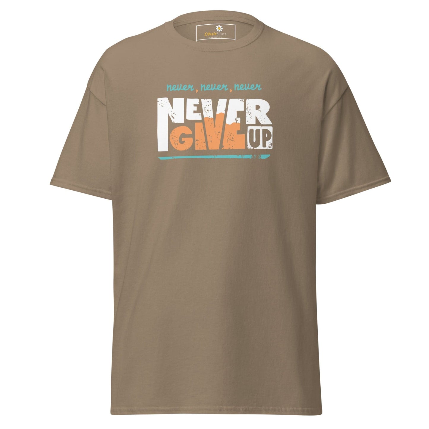 Khaki T-shirt with Never Give Up graphic for Men and Women in S to XL sizes