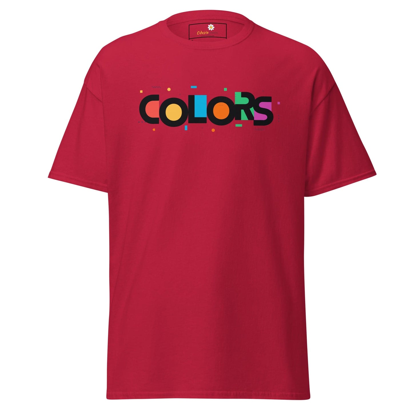 Red T-shirt with COLORS graphic, suitable for Men and Women, available in sizes S to XL
