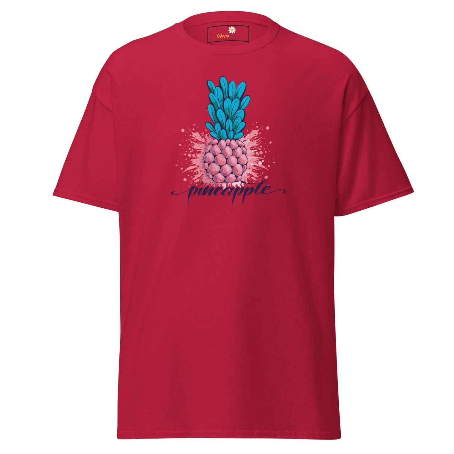 Red T-shirt with pineapple graphic for men and women available in sizes S to XL