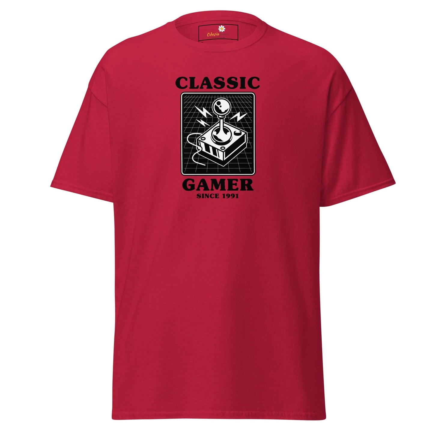 Red t-shirt with classic gamer design for men and women available in sizes S to XL