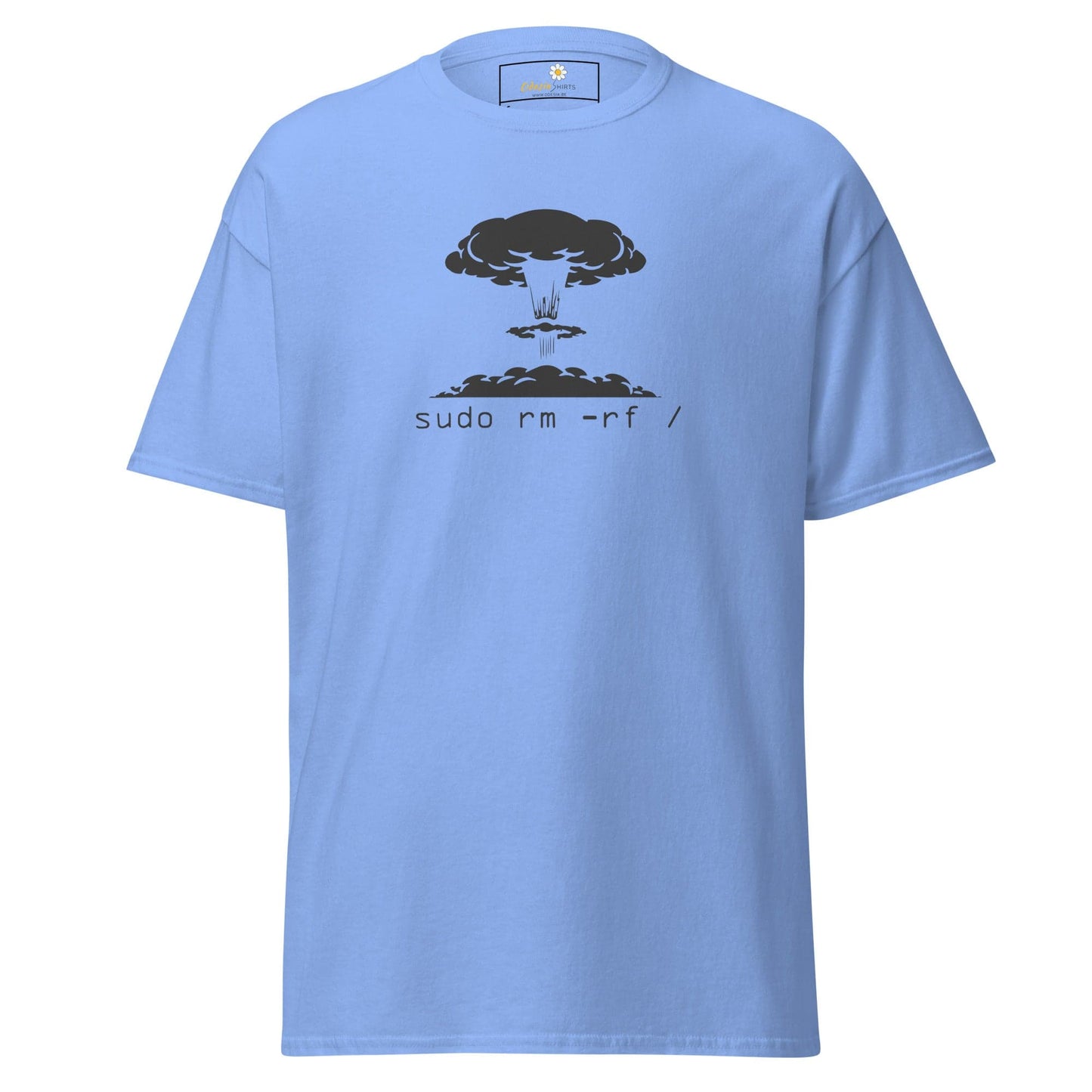 Light blue T-shirt with mushroom cloud graphic for men and women in sizes S to XL