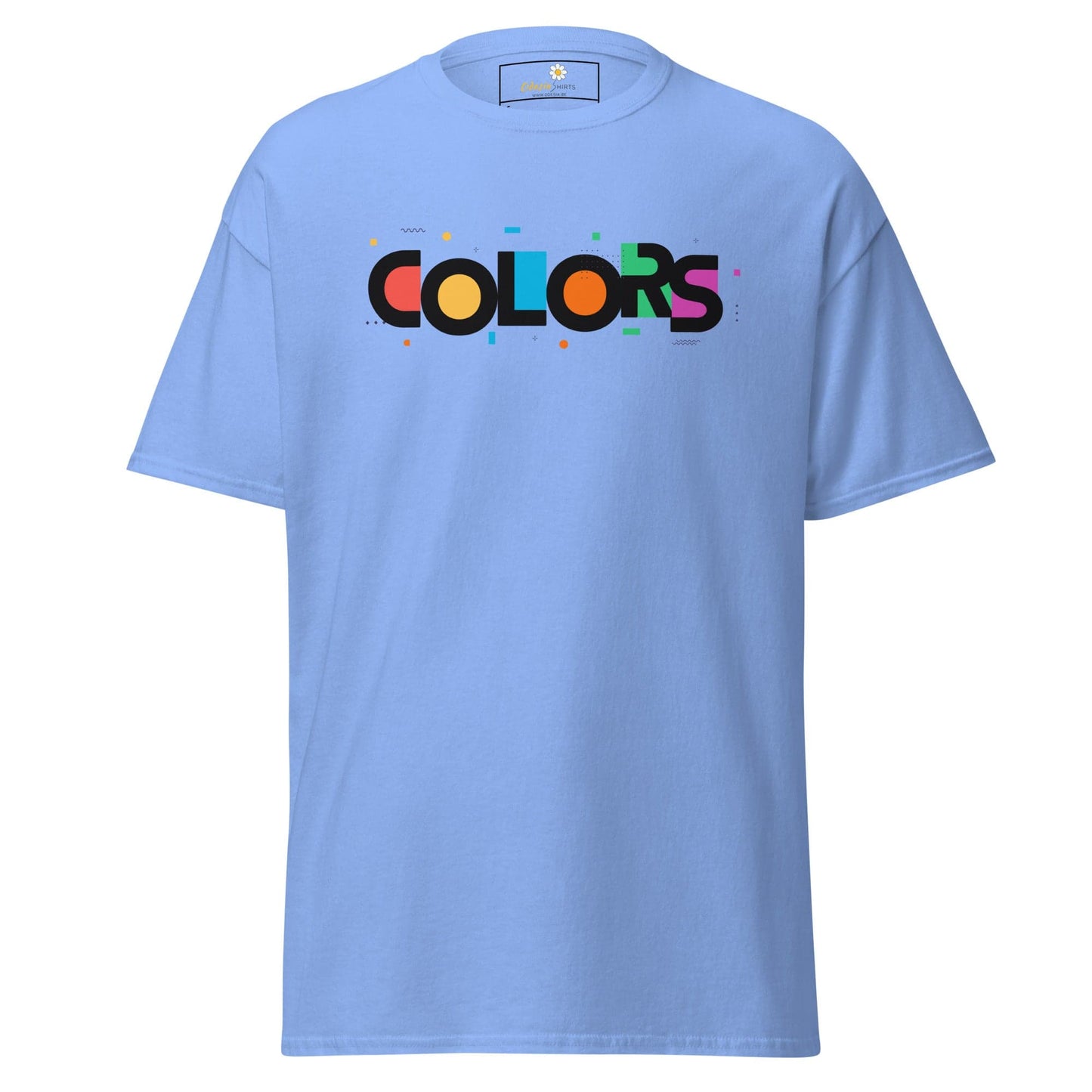 Light blue T-shirt with COLORS text displayed in the T-SHIRT DESIGN TEE for Men and Women