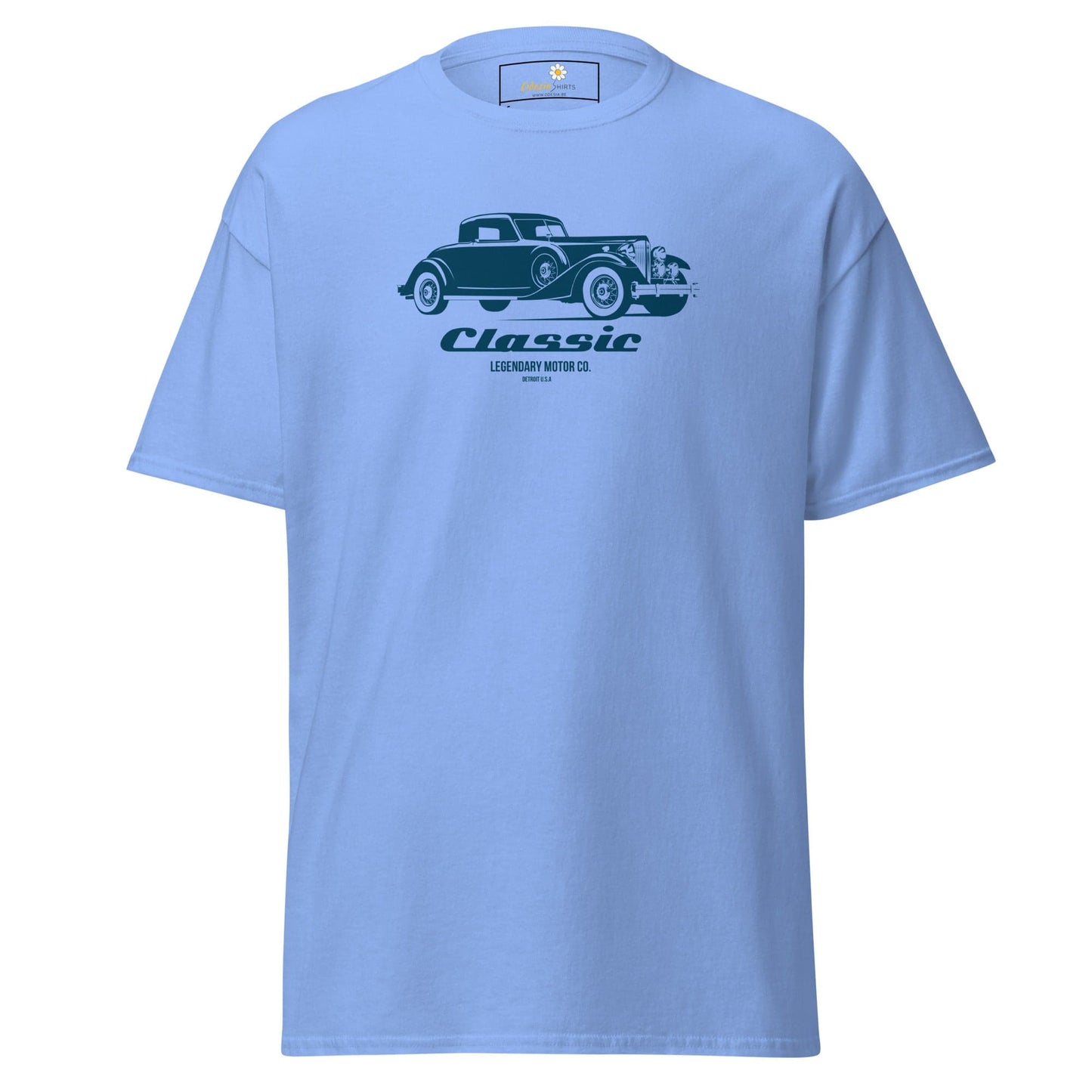 Light blue T-shirt with a classic car graphic for men and women, available in sizes S to XL