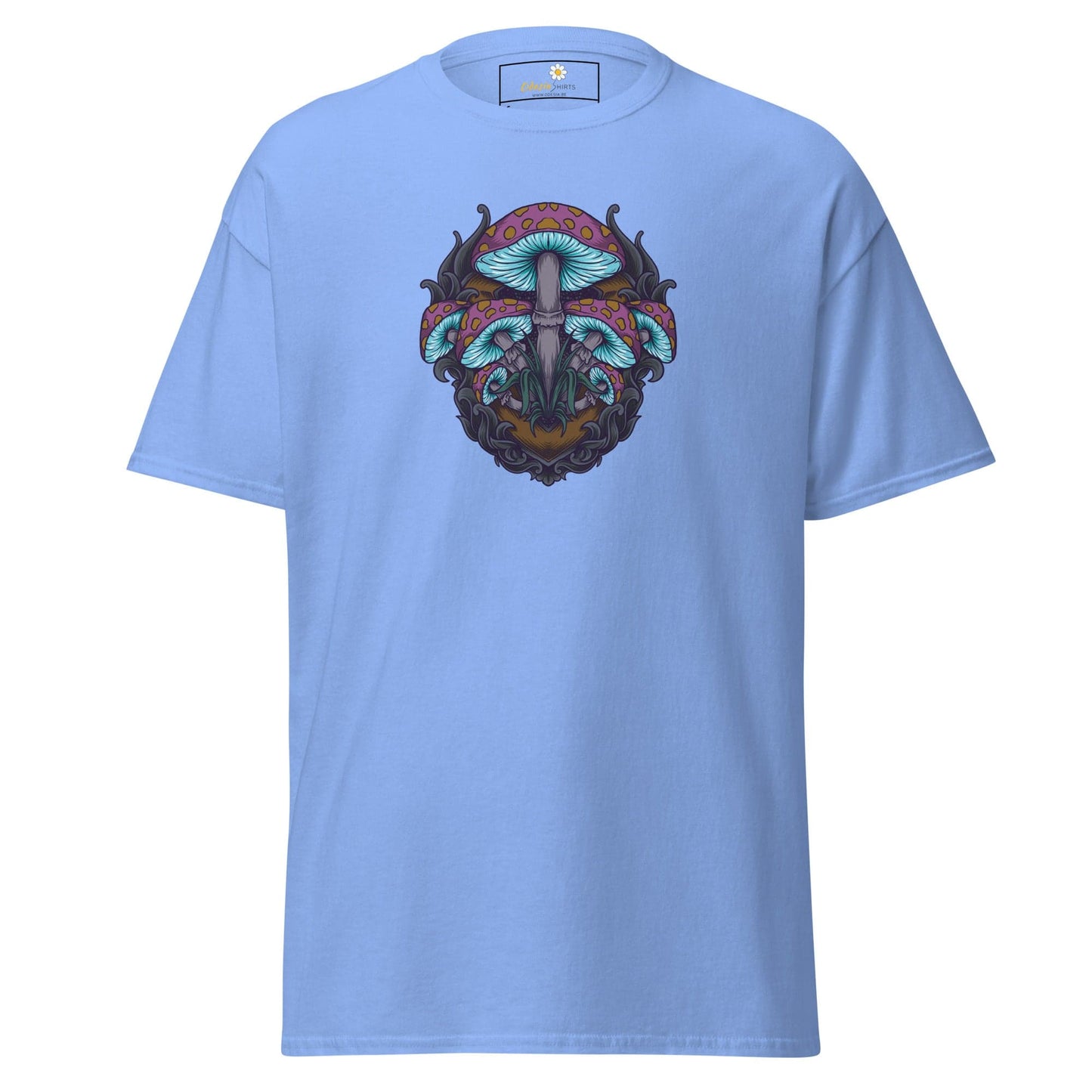 Light blue T-shirt with mushroom graphic from T-SHIRT DESIGN TEE for Men and Women