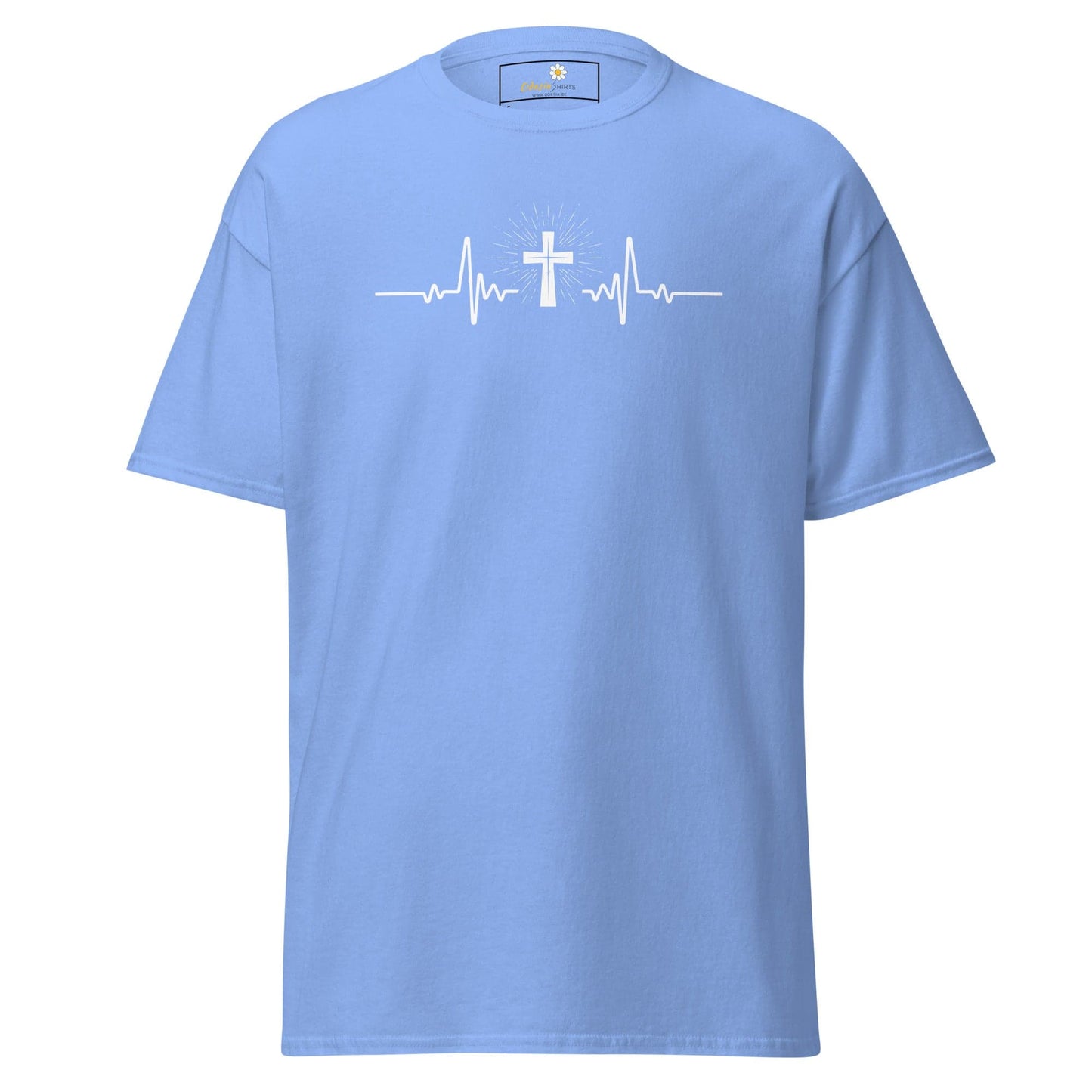 Light blue T-shirt with cross heartbeat design for men and women in S to XL sizes