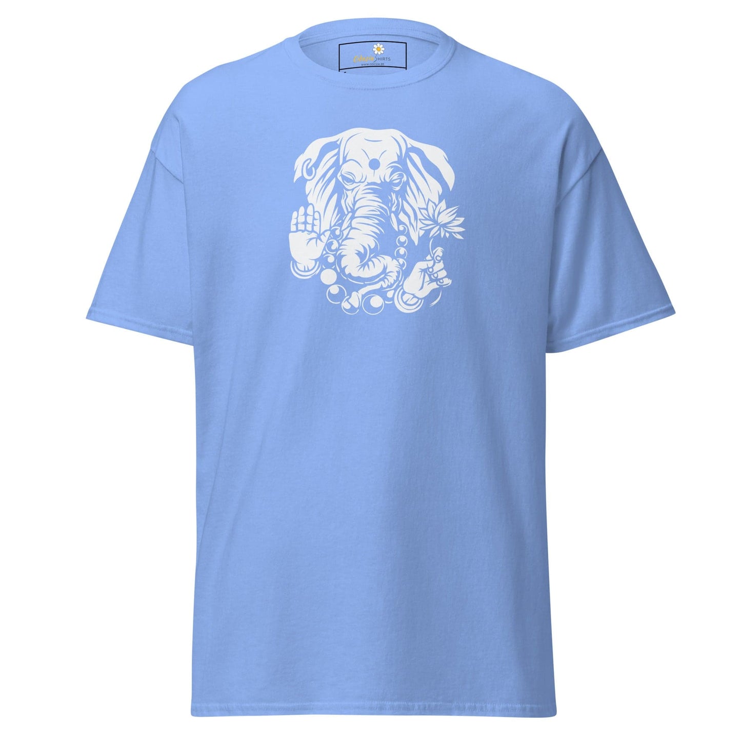 Light blue T-shirt for men and women with white elephant graphic in size S to XL