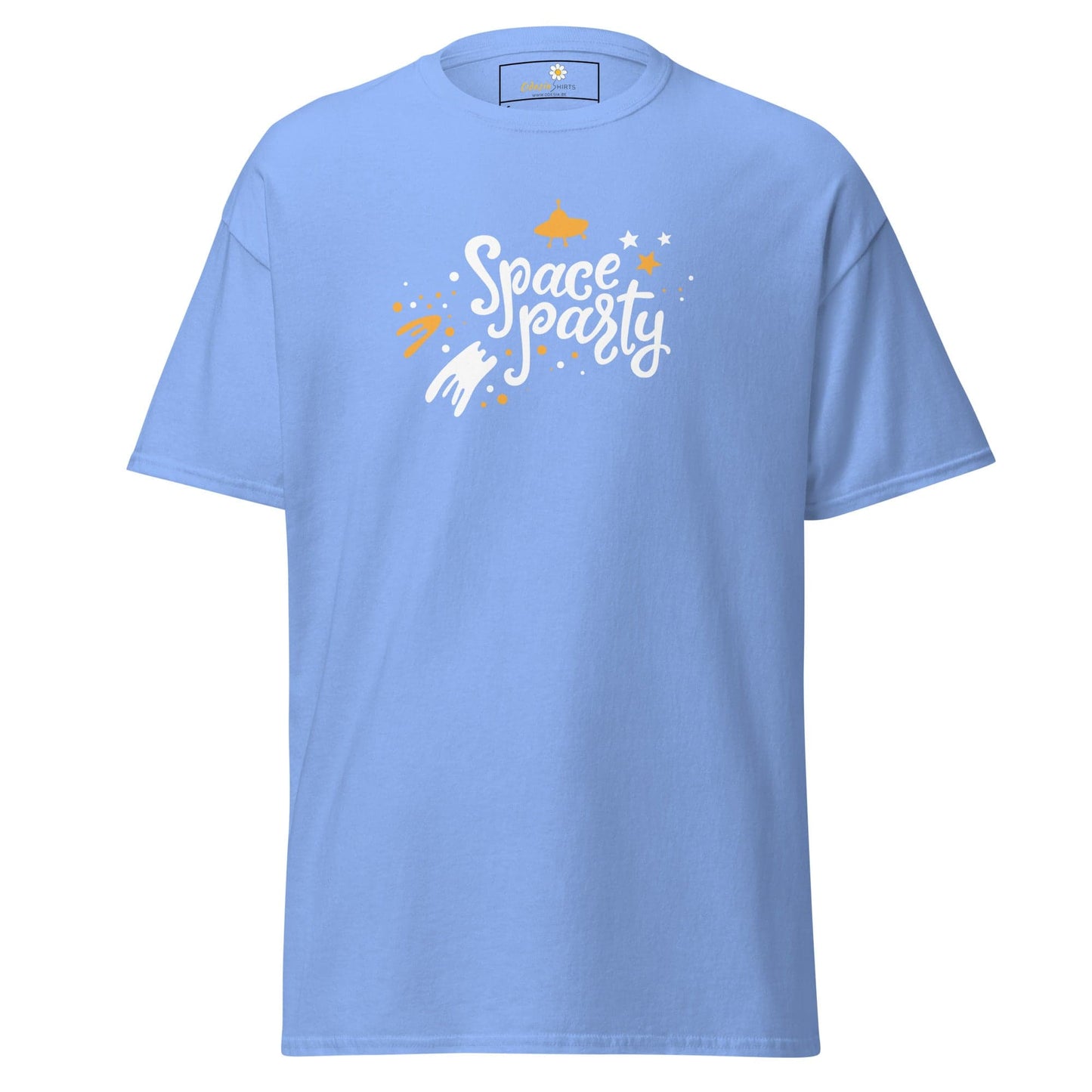 Light blue T-shirt with Space Party graphic for Man or Woman in sizes S to XL