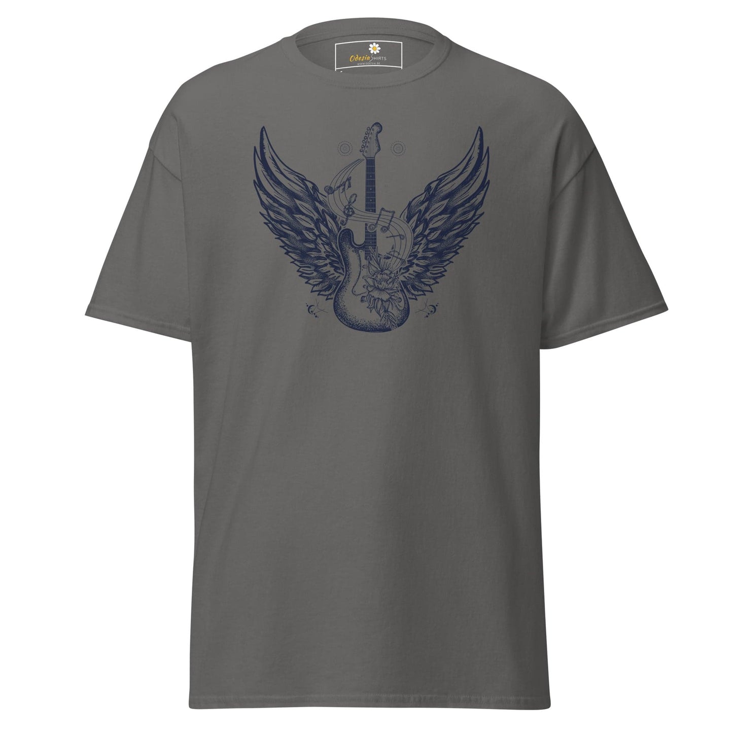 Gray T-shirt with guitar and wings graphic for men and women, available in sizes S to XL