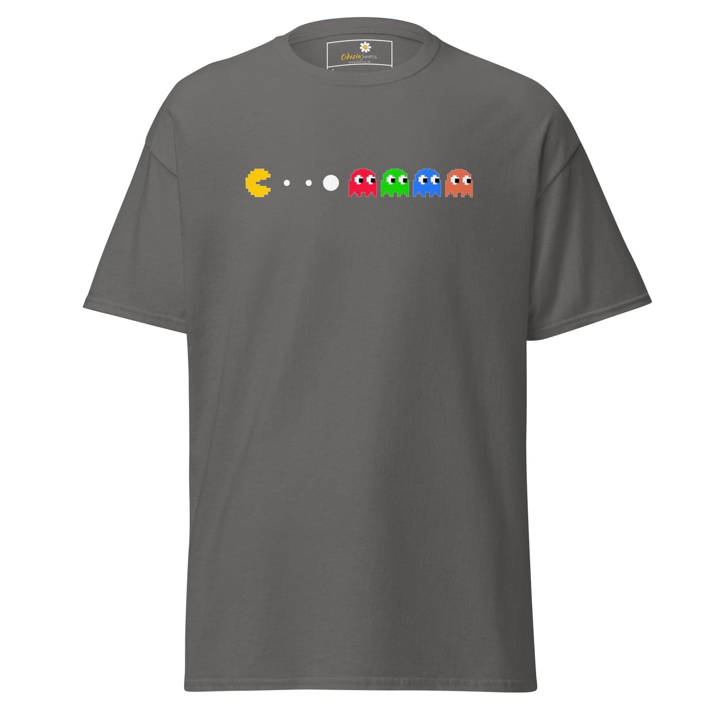 Gray T-shirt with Pac-Man design, suitable for men and women, available in sizes S to XL