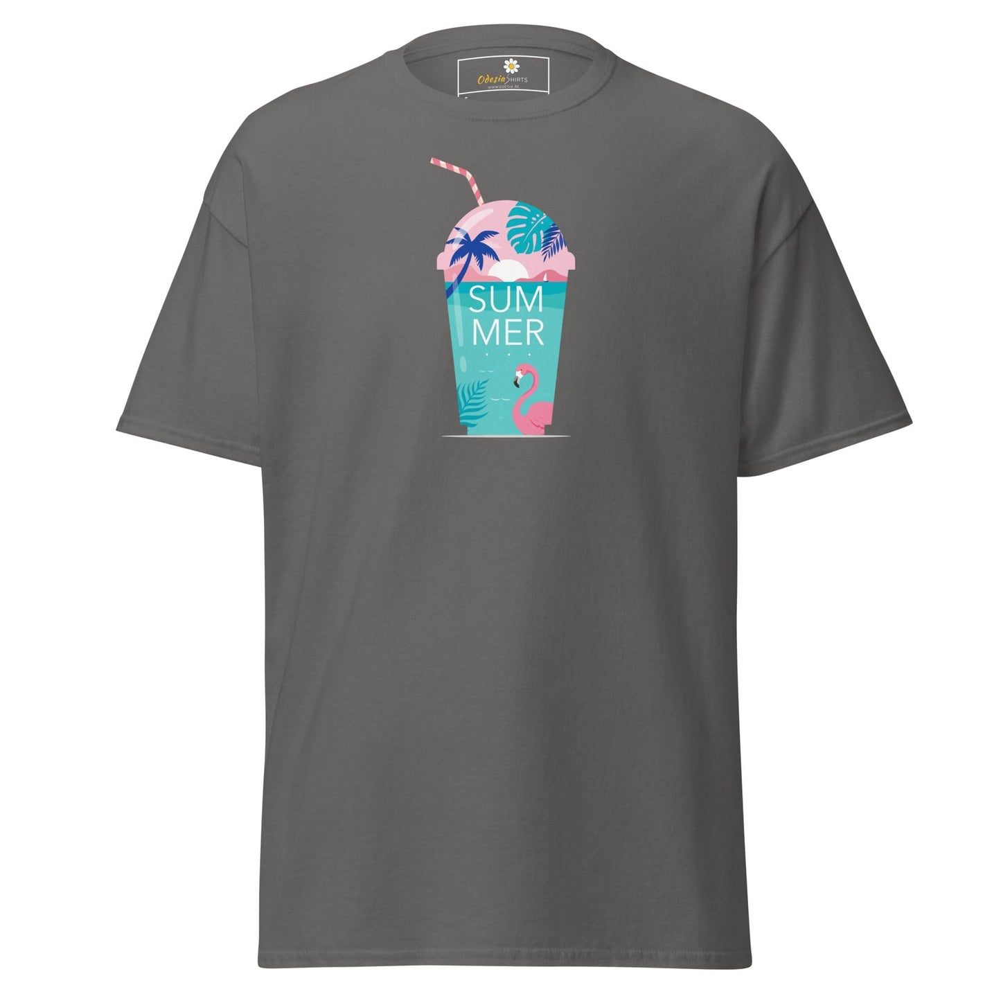 Gray T-shirt featuring a summer drink graphic for men and women sizing S to XL