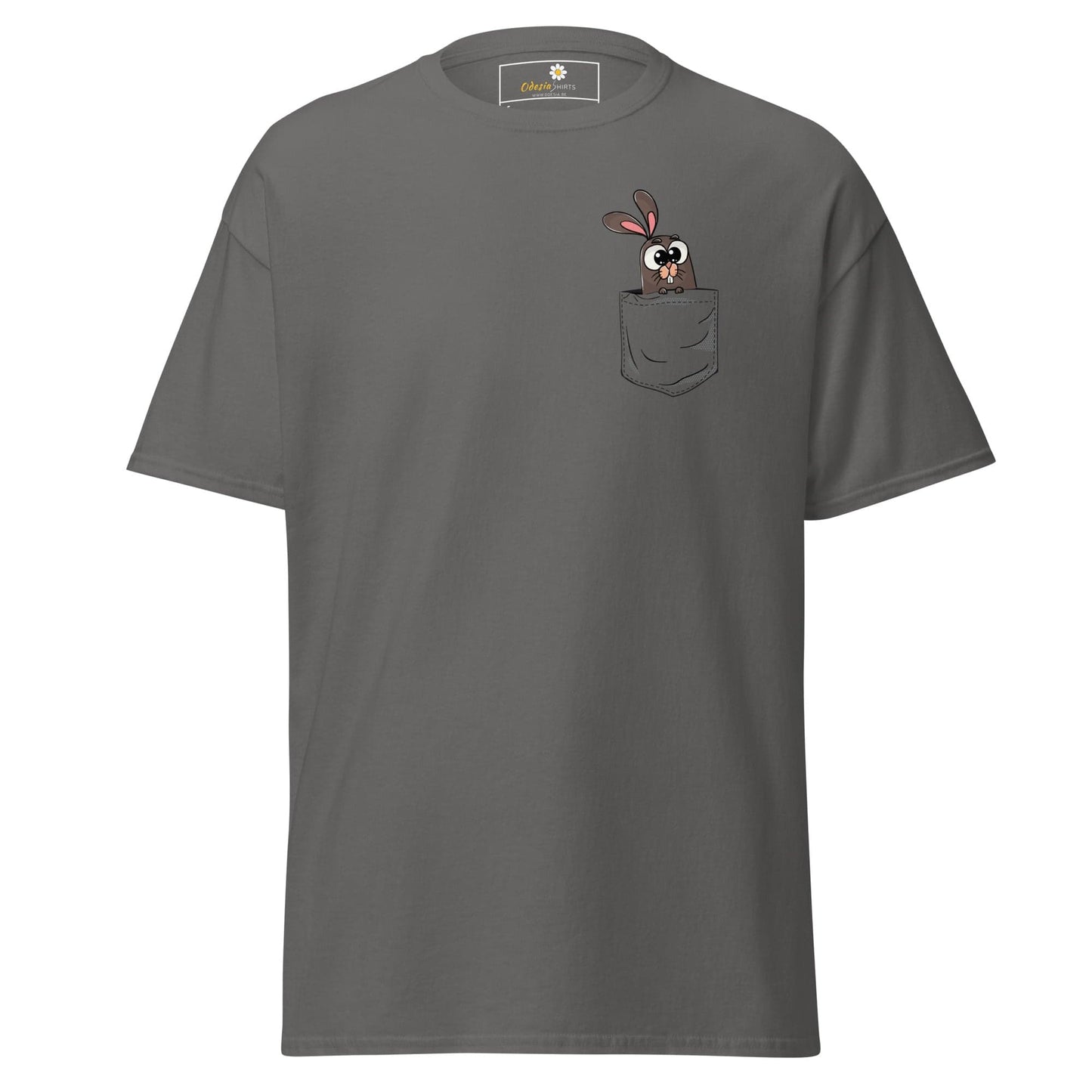 Gray T-shirt with cartoon rabbit in pocket, suitable for Men and Women, sizes S to XL