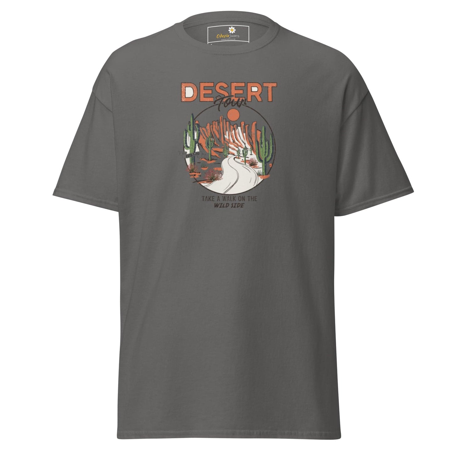 Gray T-shirt featuring a desert graphic for men and women in sizes S to XL