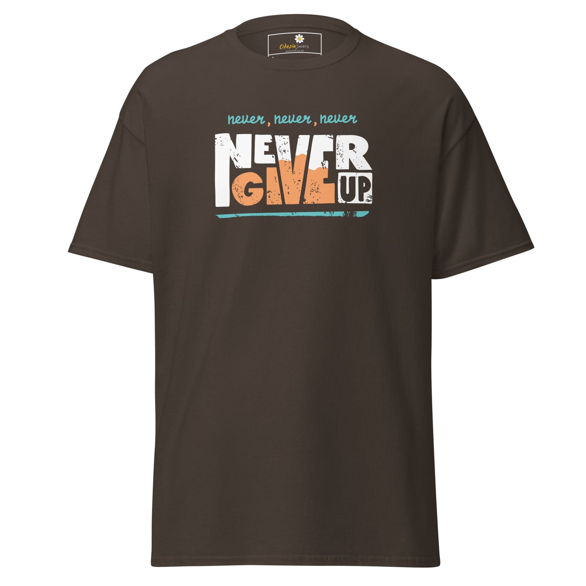 Brown T-shirt with Never Give Up graphic for Men and Women in sizes S to XL