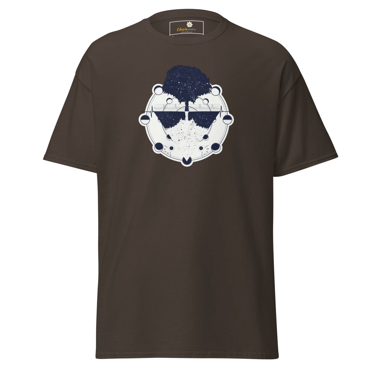 Brown T-shirt with tree and moon phases graphic for men and women in S-XL size
