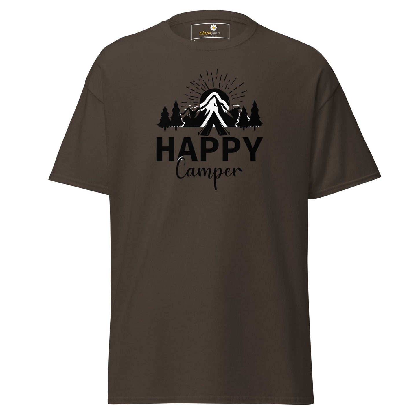 Brown T-shirt with camping graphic for men and women available in sizes S to XL