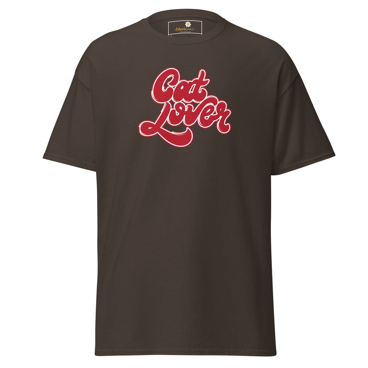 Brown t-shirt with Cat Lover text, available in S to XL for men and women