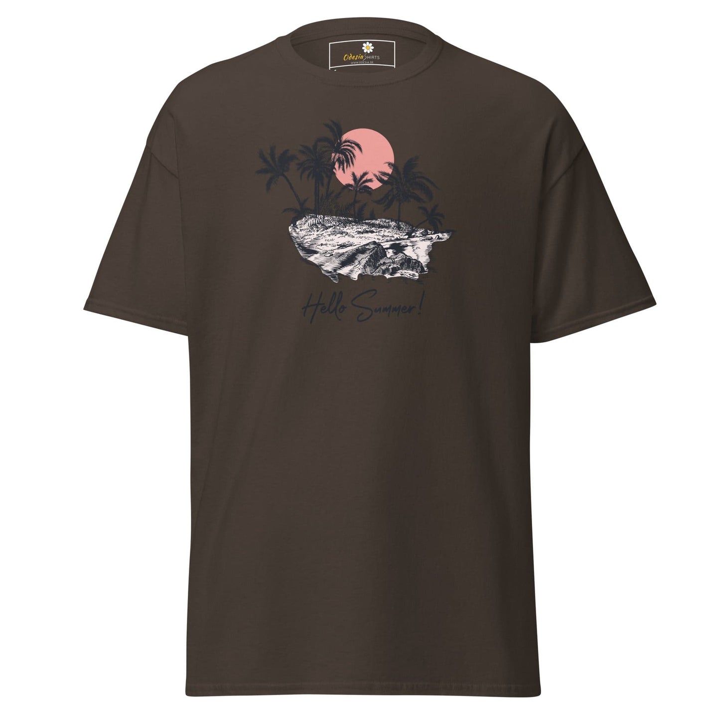 Brown T-shirt with tropical graphic design for men and women available in sizes S to XL
