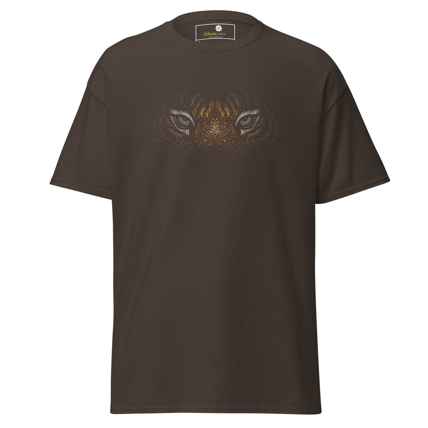 Brown T-shirt featuring a striking tiger eyes design for men and women in S to XL sizes