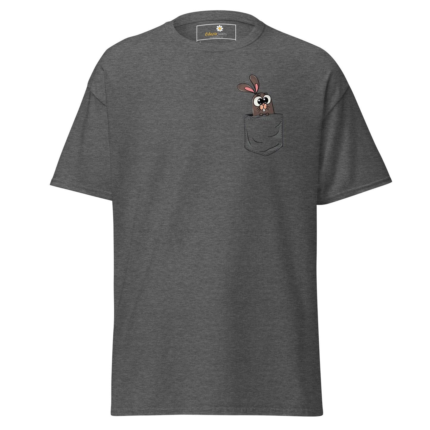 Gray T-shirt with cartoon bunny in pocket for men and women, available in sizes S to XL