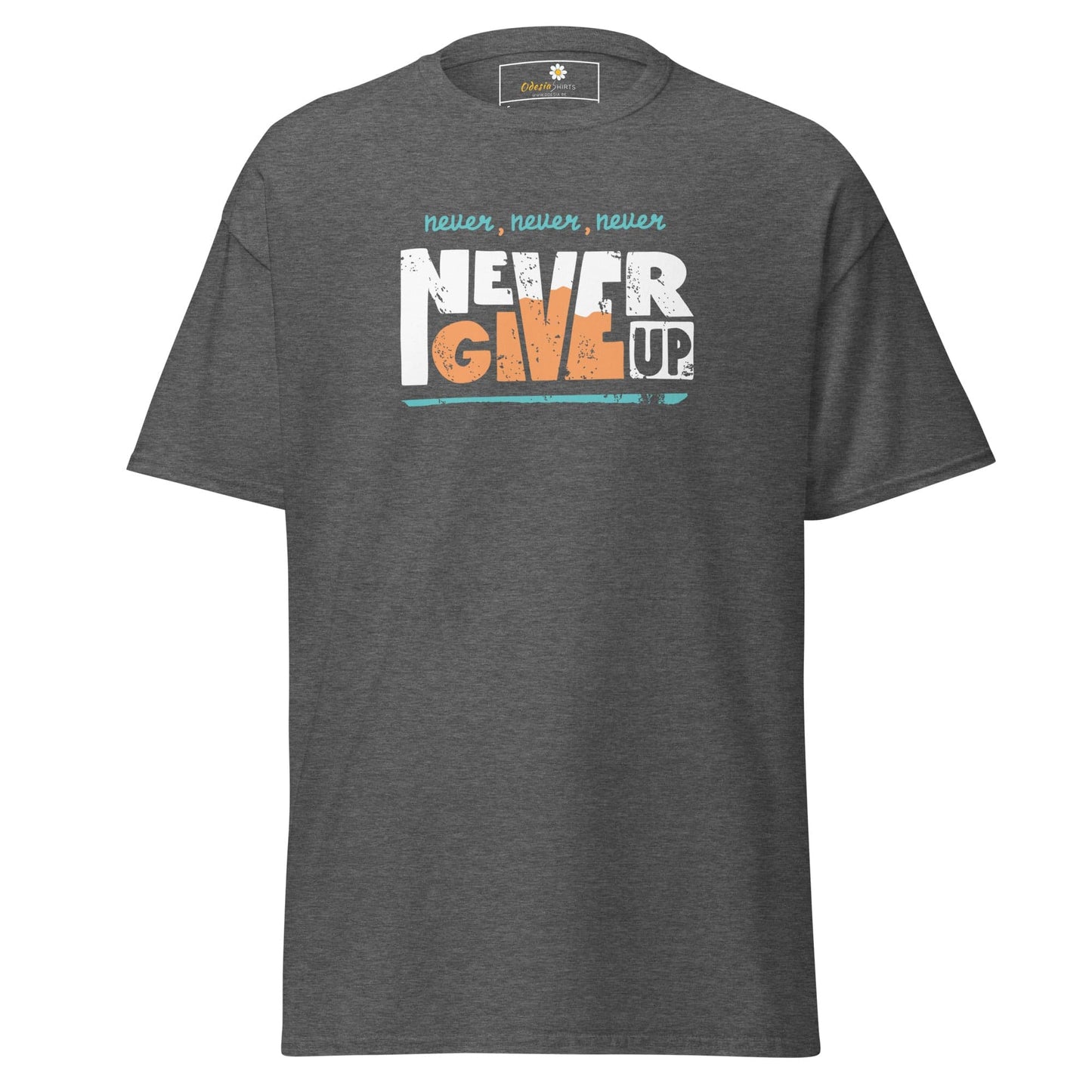 Gray t-shirt featuring Never Give Up graphic from T-SHIRT DESIGN TEE Man Woman S-XL