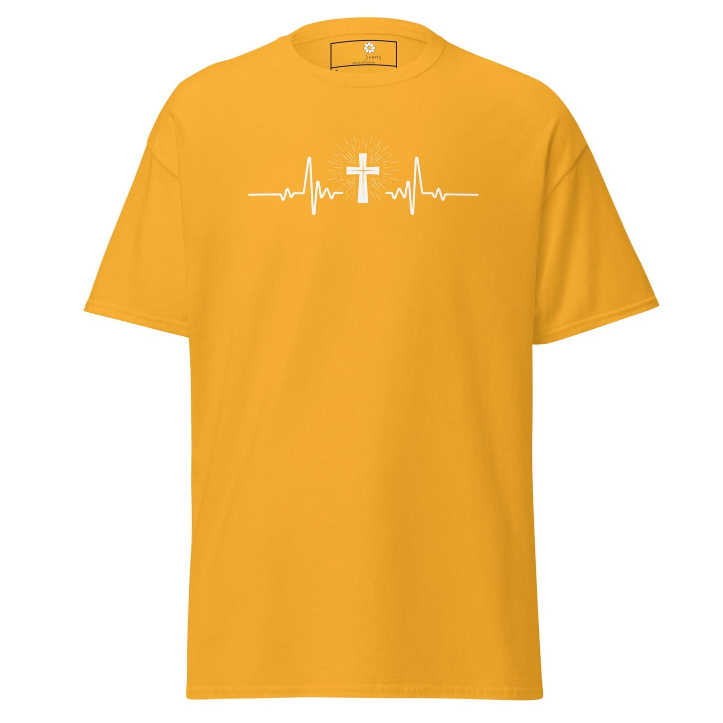 Yellow T-shirt with heartbeat cross design for men and women, available in sizes S to XL