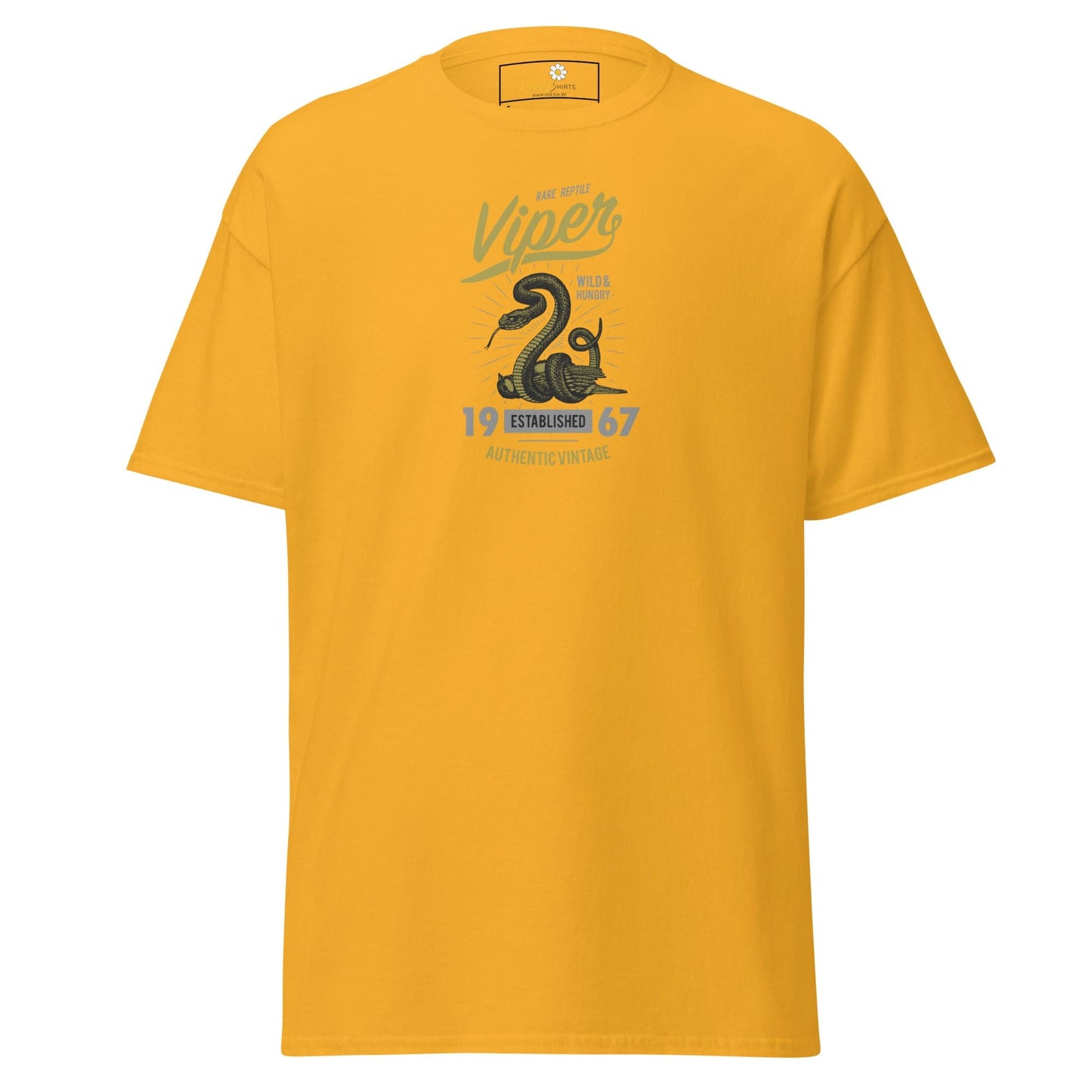 Yellow T-shirt with snake graphic for men and women in sizes S to XL