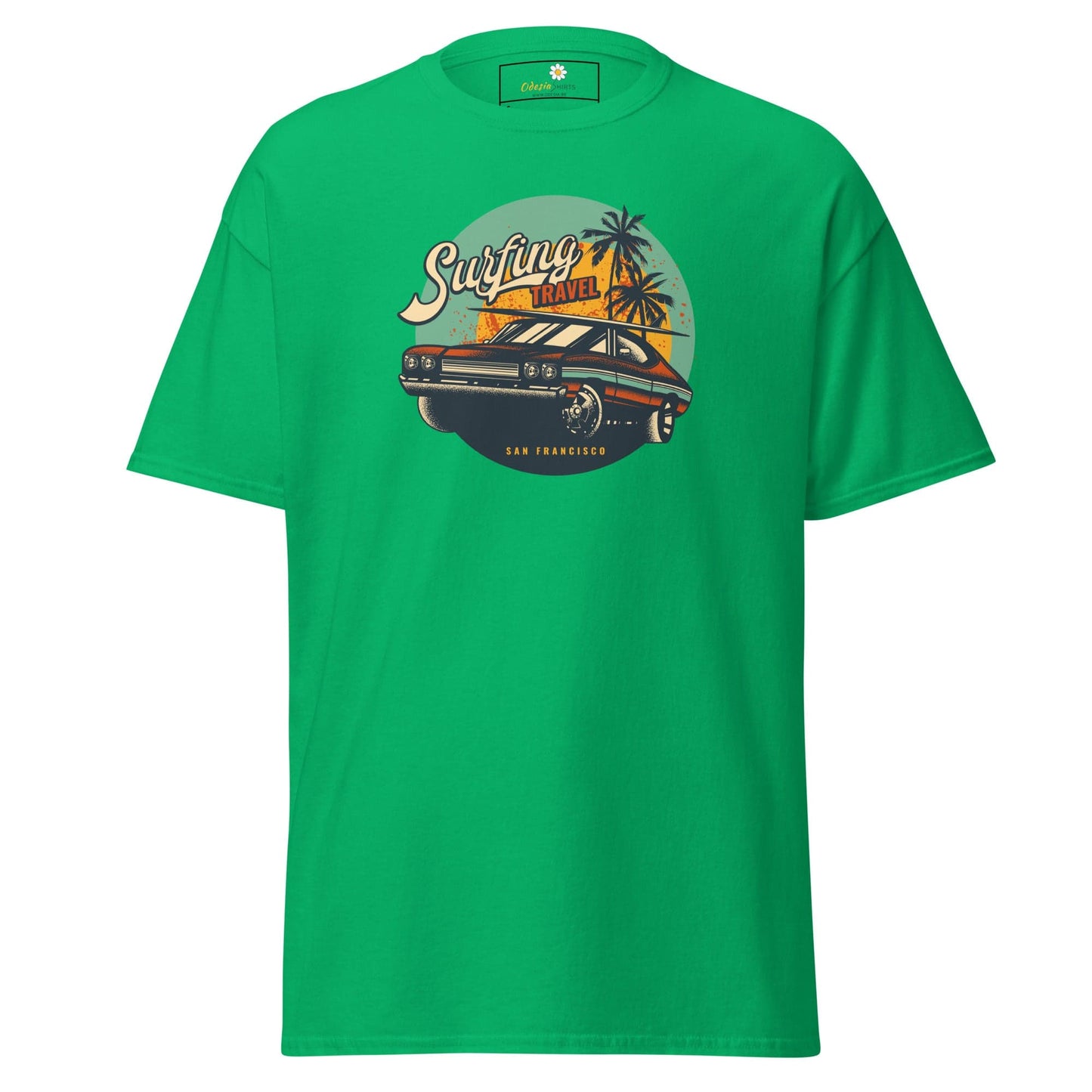 Green t-shirt with a car graphic from T-SHIRT DESIGN TEE for men and women in sizes S to XL
