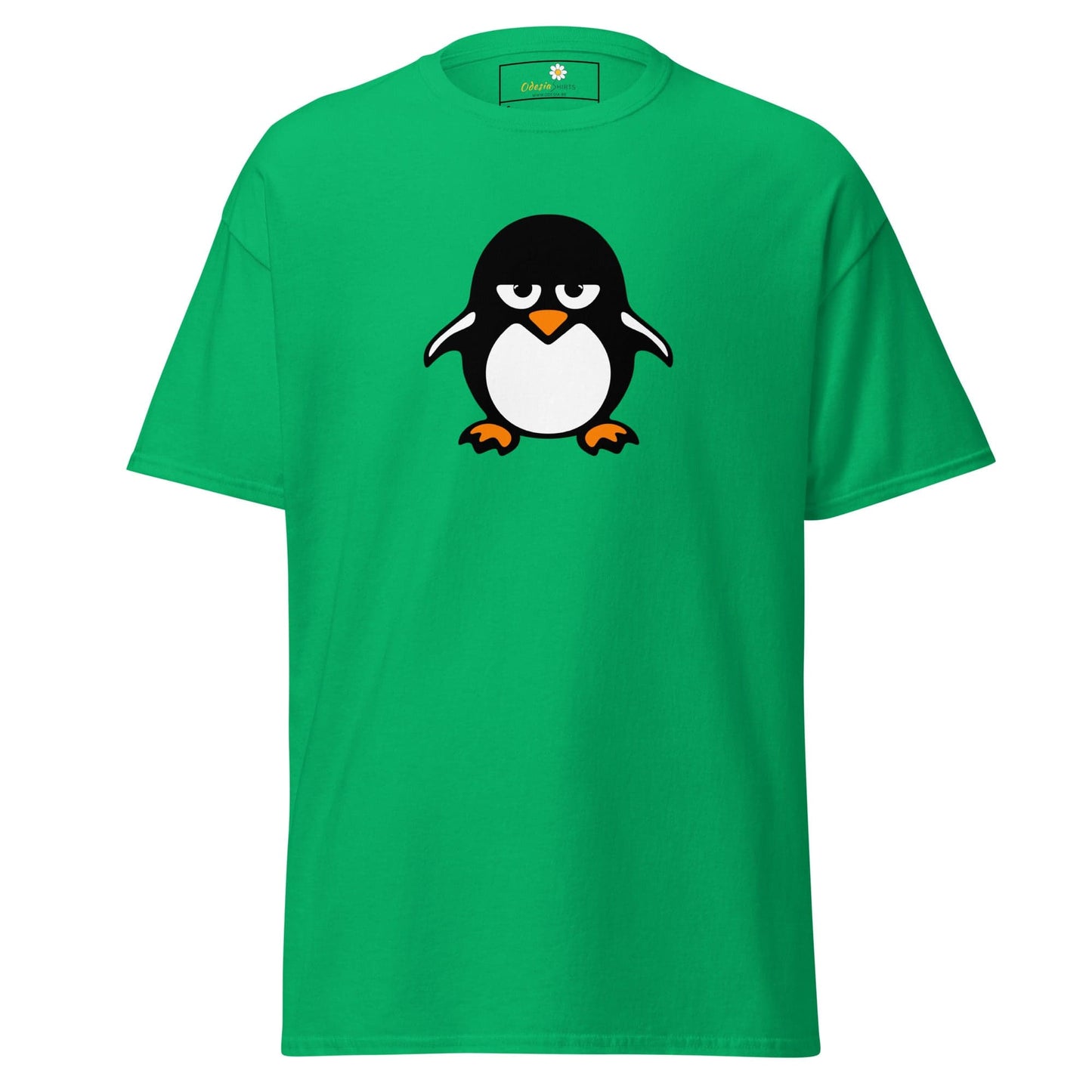 Green T-shirt with penguin graphic for men and women, available in sizes S to XL