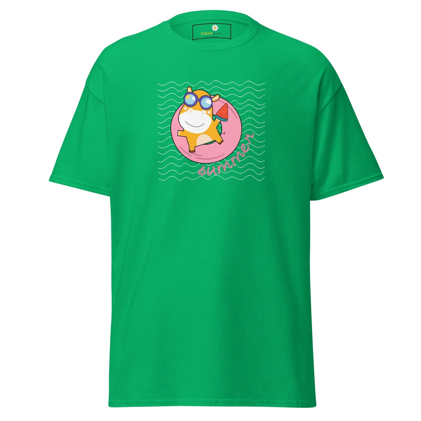 Green T-shirt with cartoon hippo design for men and women in sizes S to XL