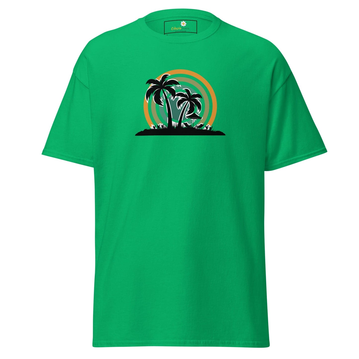 Green T-shirt with palm tree design for men and women in size S to XL