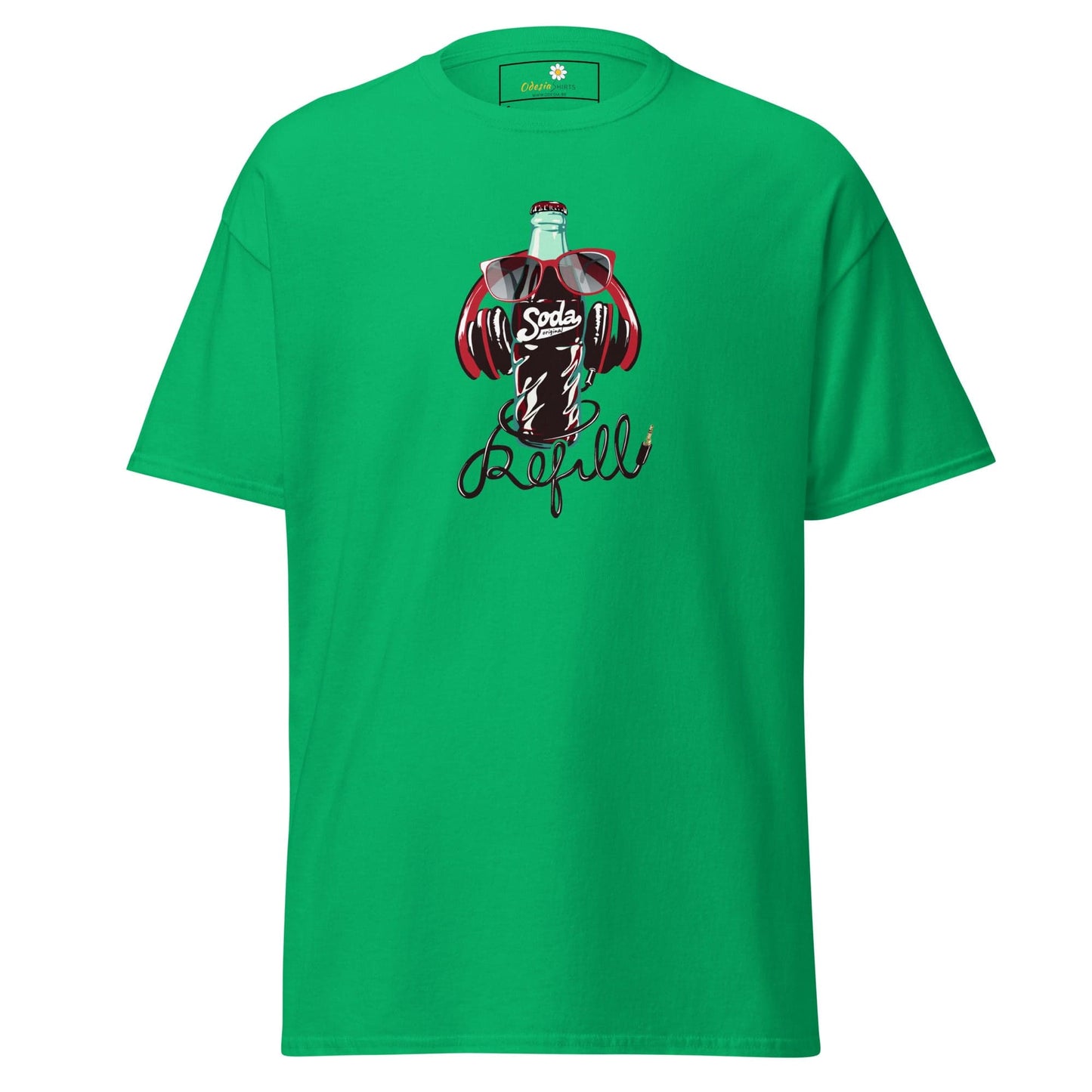 Green T-shirt featuring soda bottle graphic for Men and Women in S-XL sizes