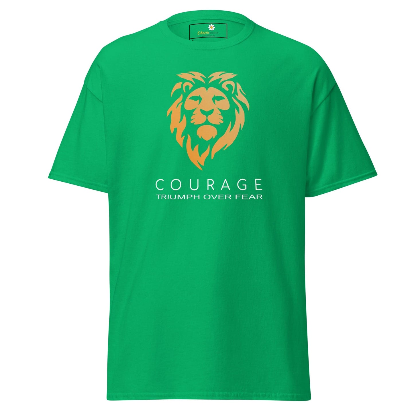 Green T-shirt featuring a lion graphic from T-SHIRT DESIGN TEE for men and women