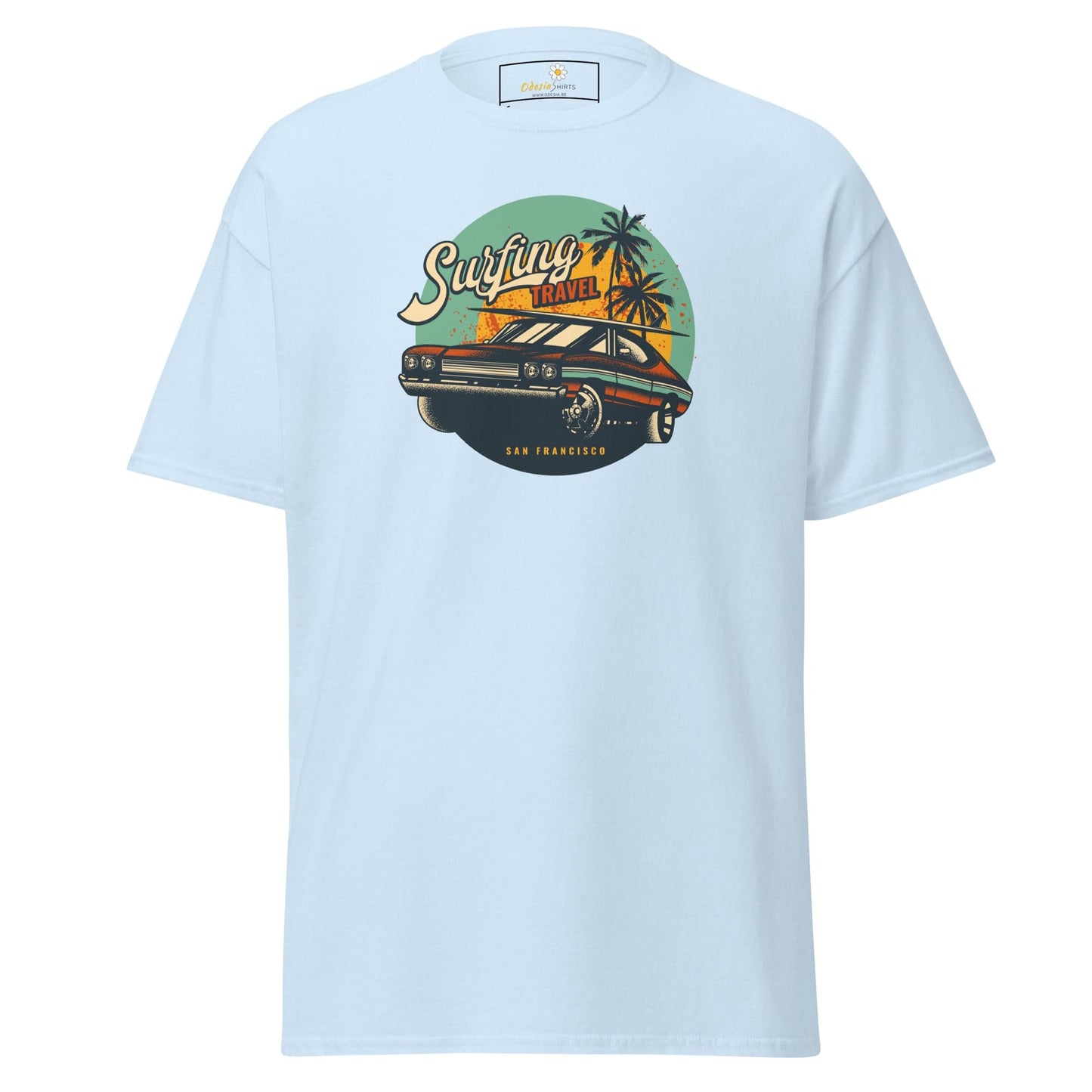 Light blue T-shirt featuring a vintage car graphic for men and women in sizes S to XL