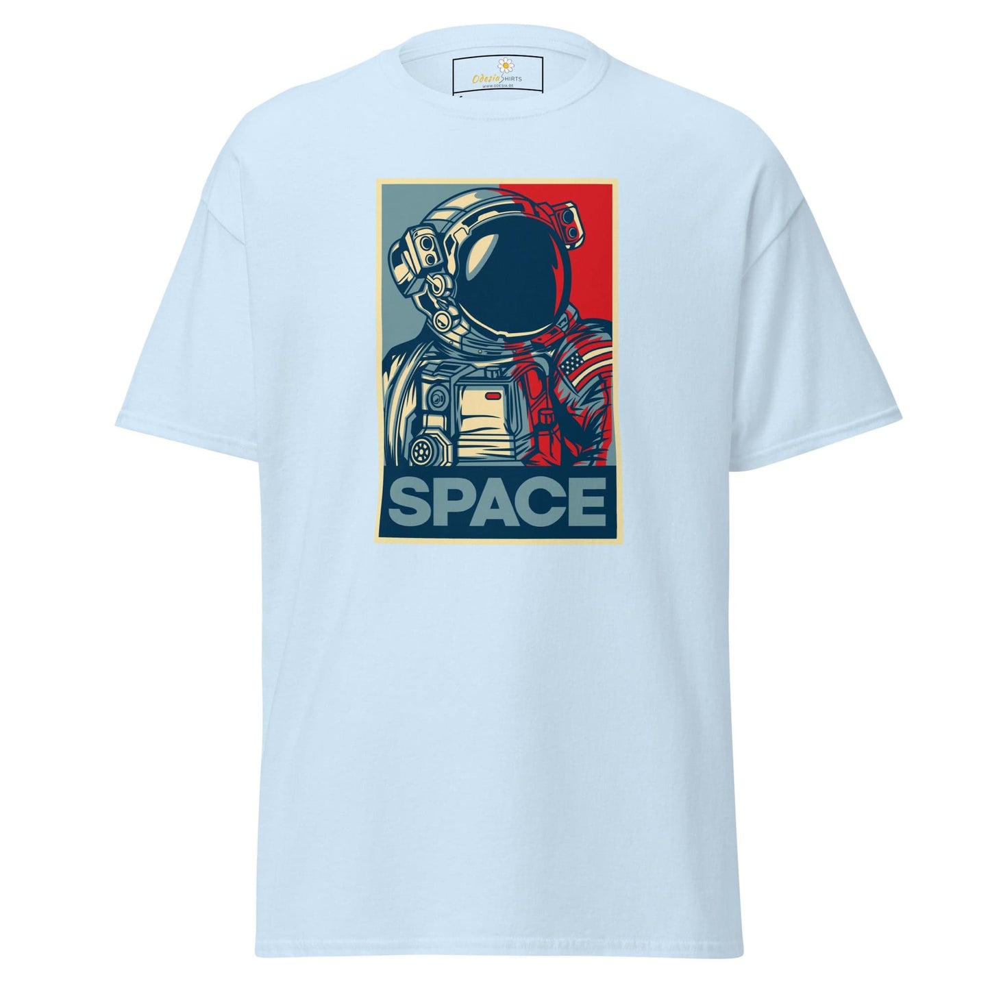 Light blue T-shirt with astronaut graphic, available in S to XL for men and women