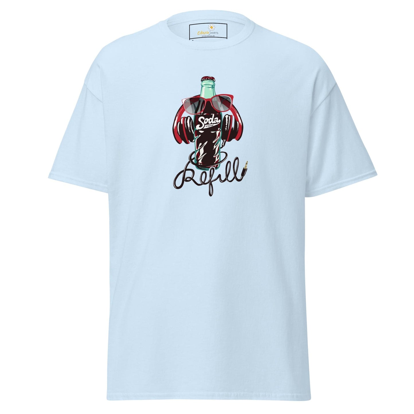 Light blue T-shirt with soda bottle graphic for men and women in sizes S to XL